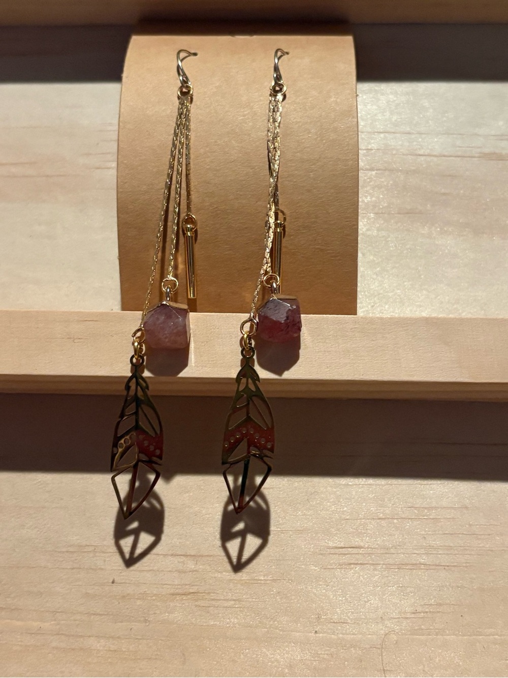 Handmade gold Drop Earrings with Pink Gemstone and feather Accent